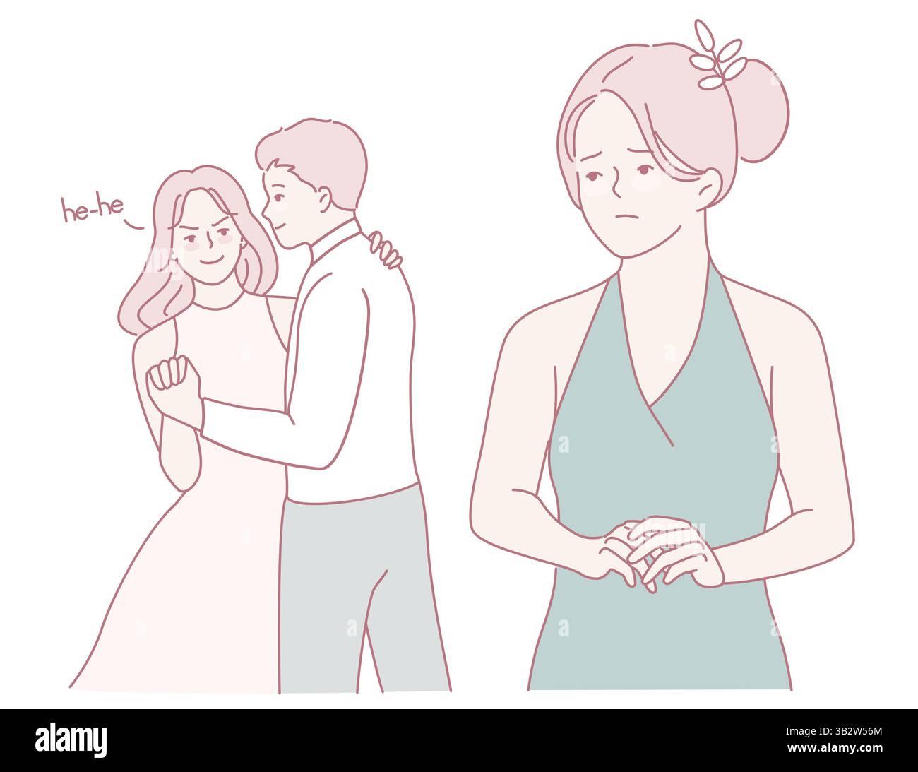 Eine Szene intensiver Eifersucht und Traurigkeit bei einem Tanz, die unwiderrufliche Gefühle zwischen zwei Individuen zeigt Stock Vektor