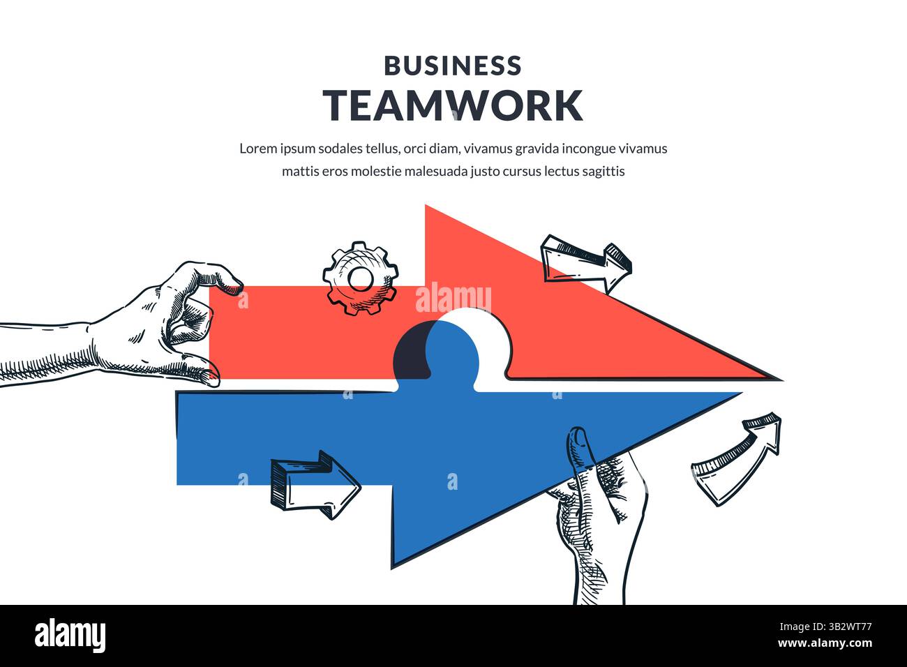 Zwei menschliche Hände verbinden mehrfarbiges Pfeilpuzzle. Vektorgrafik von Hand gezeichnet. Erfolg, Fortschritt, Entwicklung Geschäftskonzept Stock Vektor