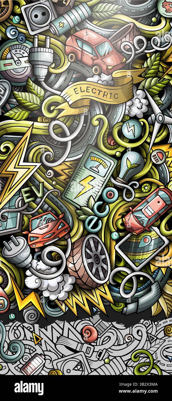 Handgezeichnetes Kritzelbanner für Elektrofahrzeuge. Detaillierter Flyer für Cartoon. Automobil-Identität mit Objekten und Symbolen. Farbvektor-Design-Elemente Backgro Stock Vektor
