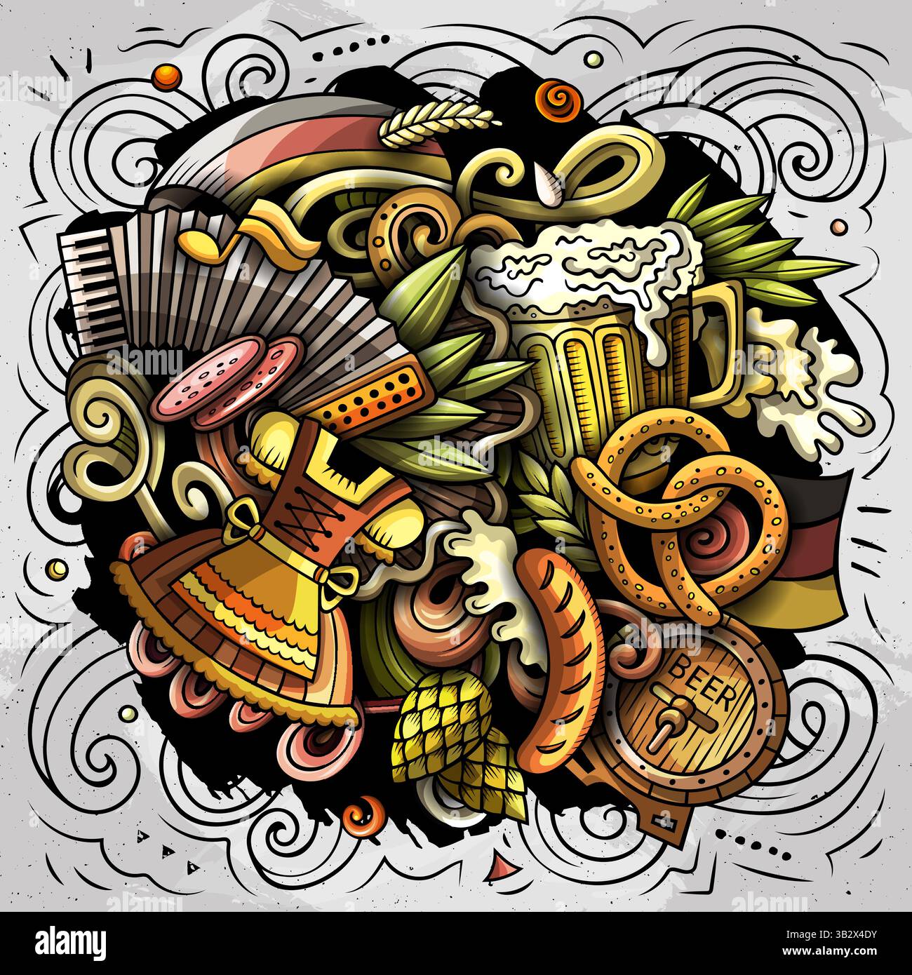 Deutschland handgezeichnete Karikatur Kritzeleien Illustration. Witziges Reisedesign. Kreative Kunst Vektor Hintergrund. Deutsche Symbole, Elemente und Objekte. Farbenfrohe c Stock Vektor