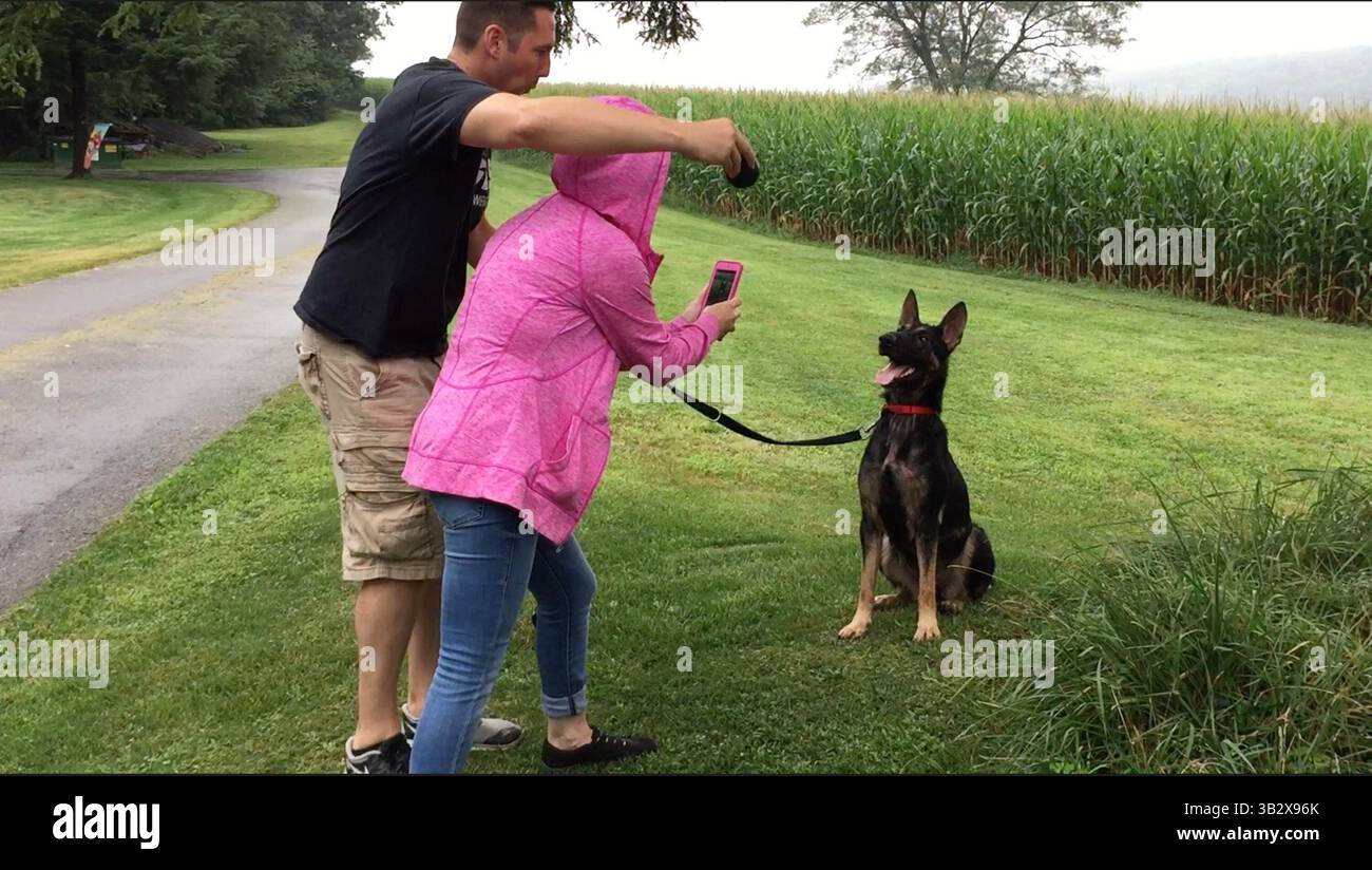 19. Oktober 2015 – USA: Carol Skaziak und SEPTA Transit Officer Jason Walters, Mitbegründer des Throw Away Dogs Project, Evaluate Hope, ein Hund, der später in Rousey umbenannt wurde, bei der Char-will German Shepherd Rescue in Schuylkill County. (Bild: © Robert Moran/TNS via ZUMA Wire) Stockfoto
