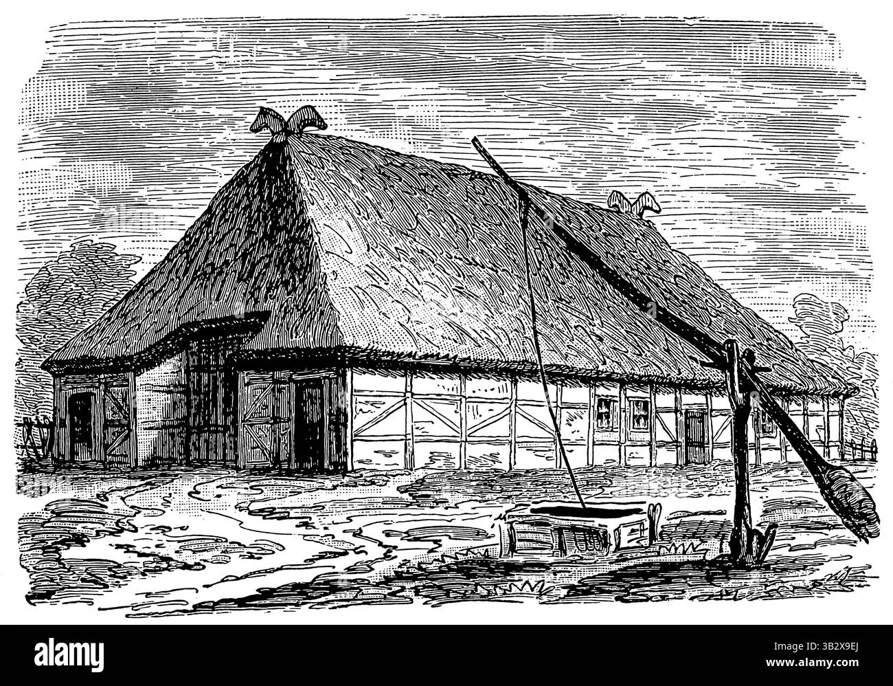 Holstein Farmhouse. Veröffentlichung der "Meyers-Enzyklopädie", Band 6, Leipzig, Deutschland, 1910. Stockfoto