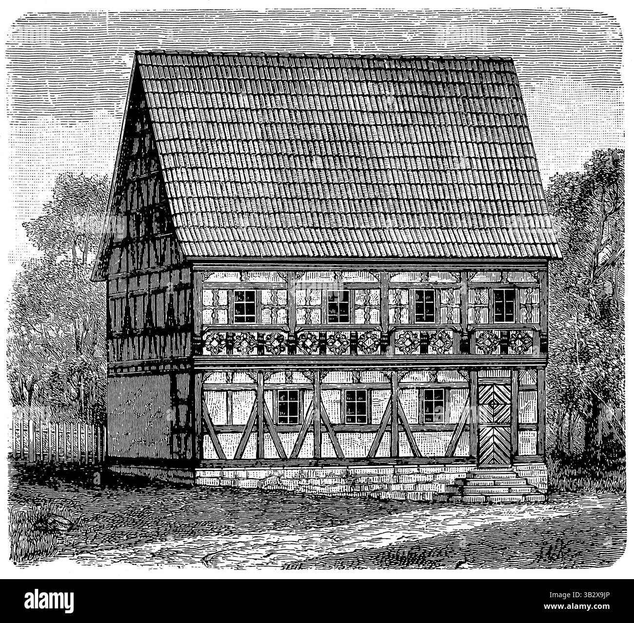 Fränkisch-thüringischer Bauernhof (Altheneberg-Stil). Veröffentlichung der "Meyers-Enzyklopädie", Band 7, Leipzig, Deutschland, 1910. Stockfoto