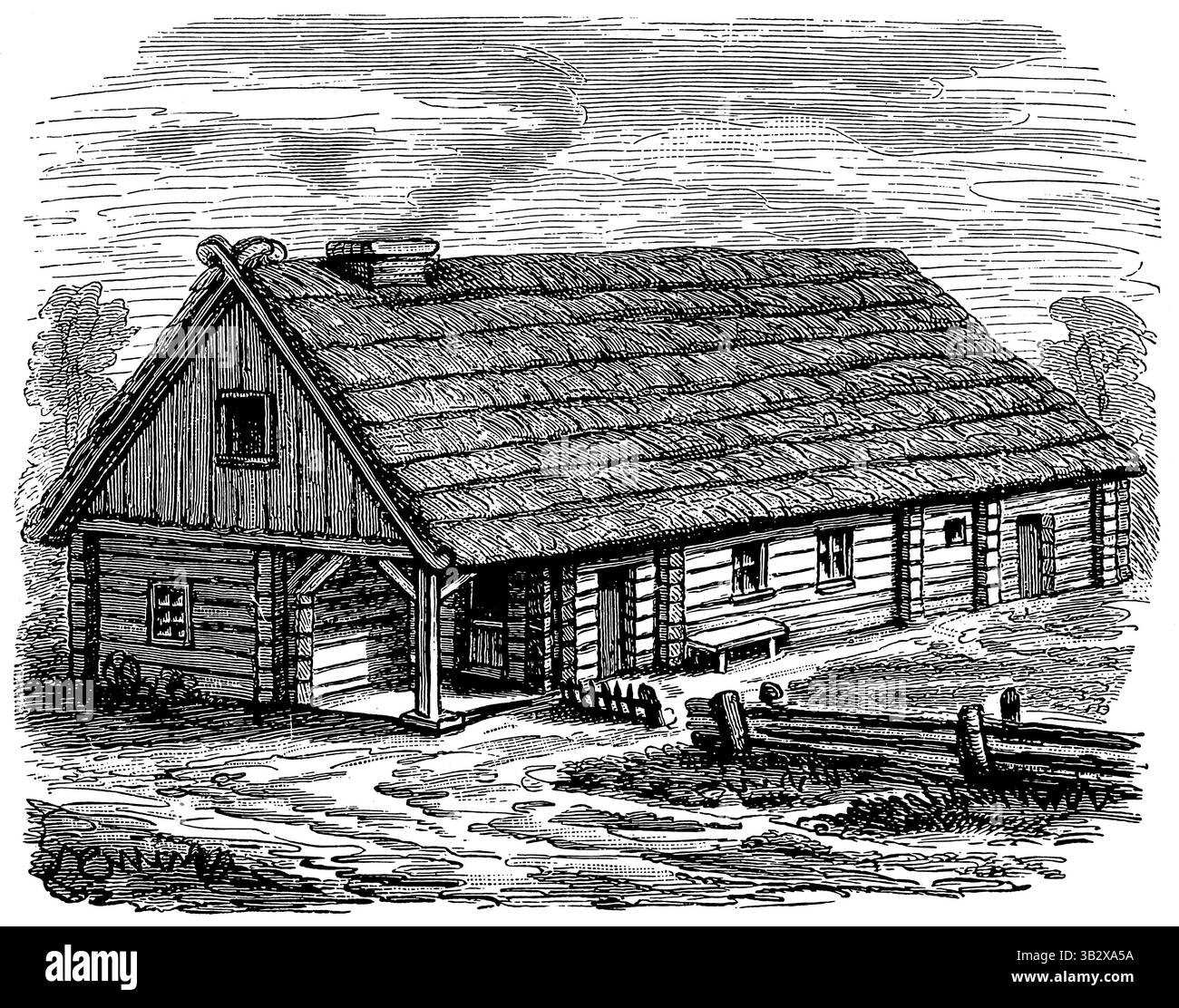 Bauernhaus aus dem fernen Pommern. Veröffentlichung der "Meyers-Enzyklopädie", Band 6, Leipzig, Deutschland, 1910. Stockfoto