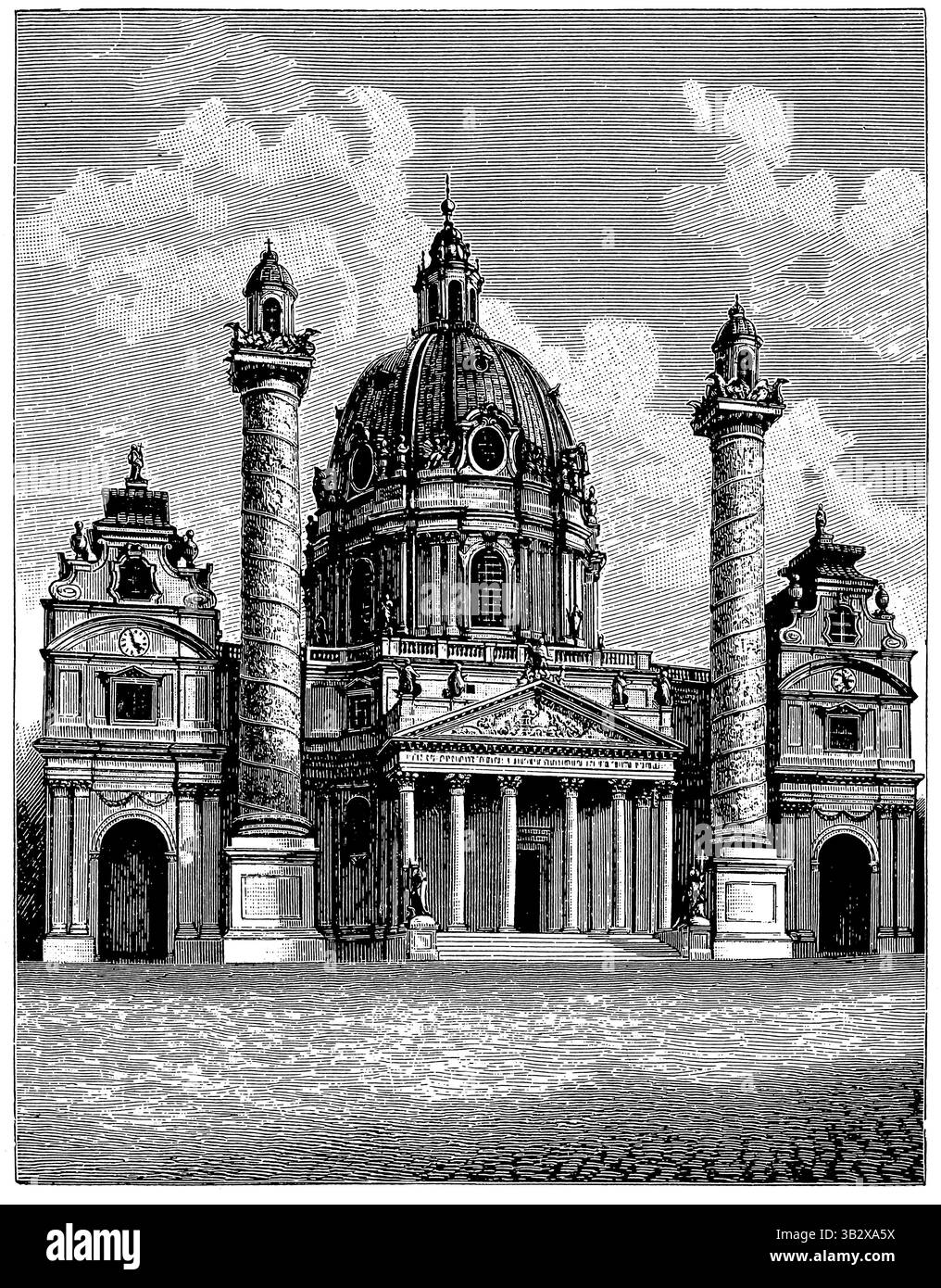 Karlskirche in Wien, von J. B. Fischer von Erlach und A. E. Martinelli. Veröffentlichung der "Meyers-Enzyklopädie", Band 7, Leipzig, Deutschland, 1910. Stockfoto