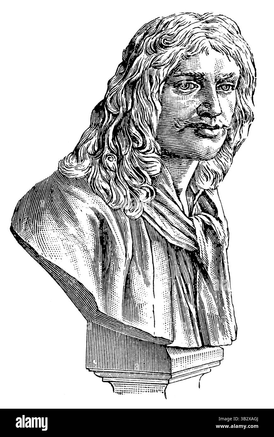 Marmorbüste von Moliere von J.A. Houdon (1781). Veröffentlichung der "Meyers-Enzyklopädie", Band 7, Leipzig, Deutschland, 1910. Stockfoto