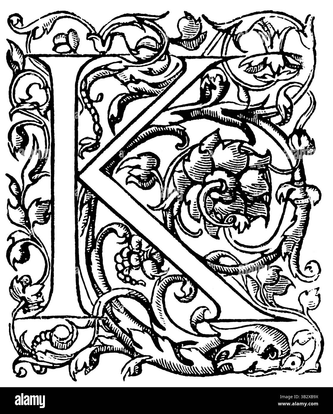 Schwarz-weißer Anfangsbuchstabe „K“ von Tory, Ende des 16. Jahrhunderts, Vintage-Buchillustration im Renaissance-Stil. Stockfoto