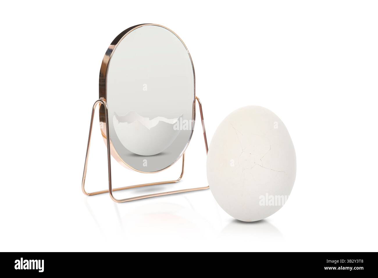Das ganze Ei spiegelt sich im Spiegel als rissiger, weißer Hintergrund. Im Gegenteil, Kontrast, Differenz Stockfoto