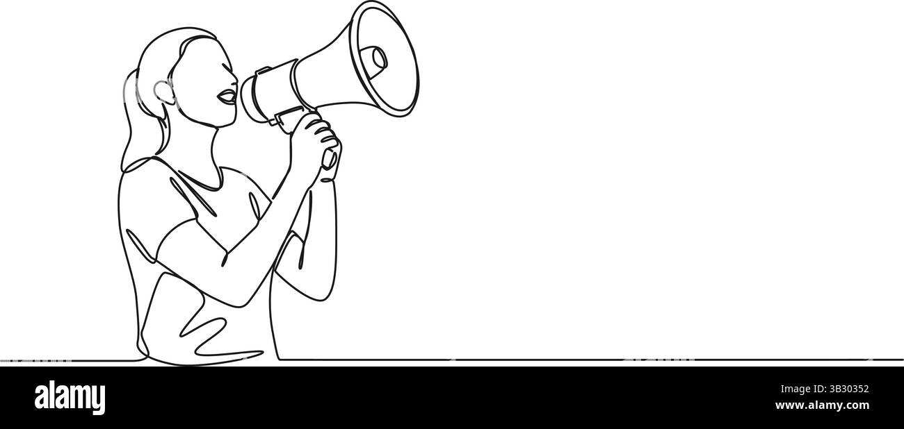 Durchgehende Einzeilenzeichnung der Frau mit Megaphon, Strichkunstvektorillustration Stock Vektor
