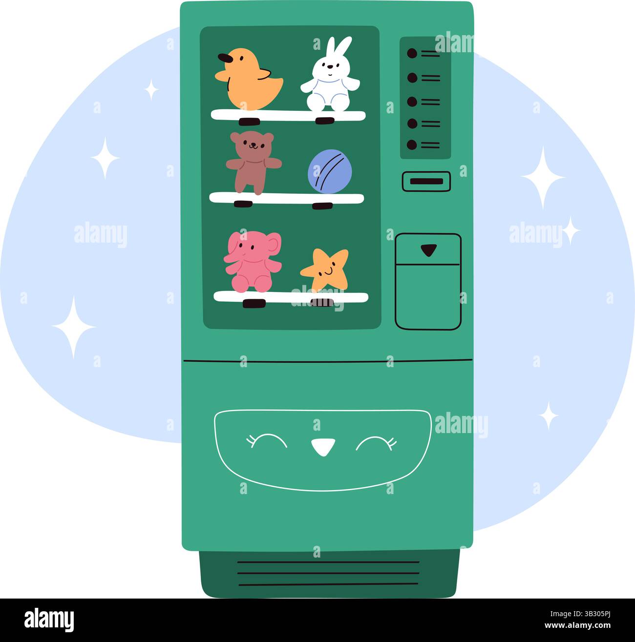 Verkaufsautomaten mit Kinderspielzeug. Elektronische Verkaufsgeräte Kinderbälle und Plüschtiere. Teddybär. Automatische Einzelhandelsausrüstung. Automatisierte Merchandi Stock Vektor