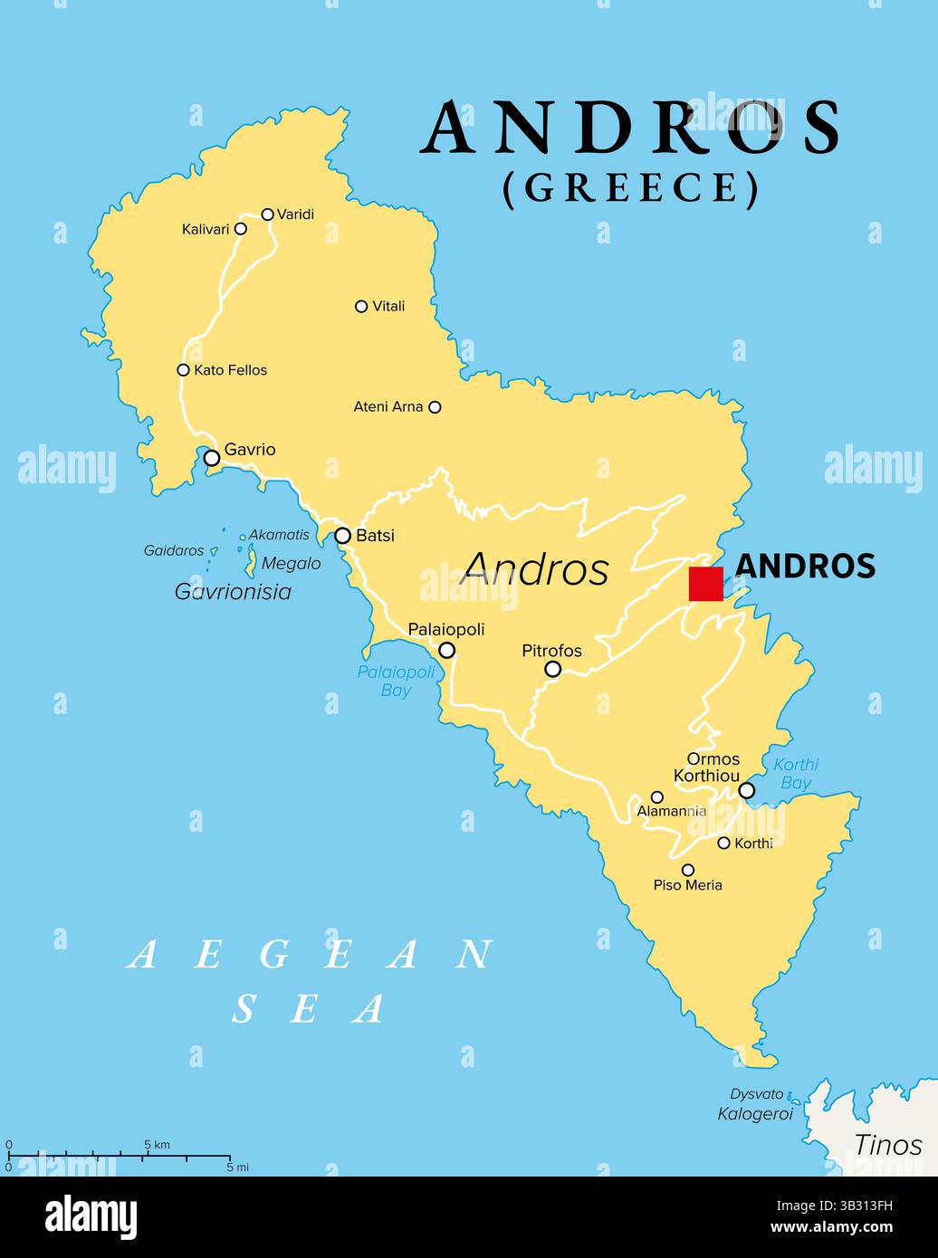 Andros, griechische Insel, politische Karte. Nördlichste Insel des Kykladen-Archipels in der Ägäis, nördlich von Tinos. Stockfoto