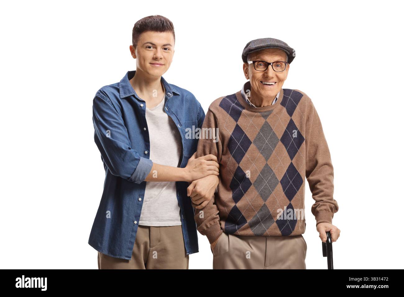 Der Typ hilft einem älteren Mann, der mit einem Stock auf weißem Hintergrund läuft Stockfoto