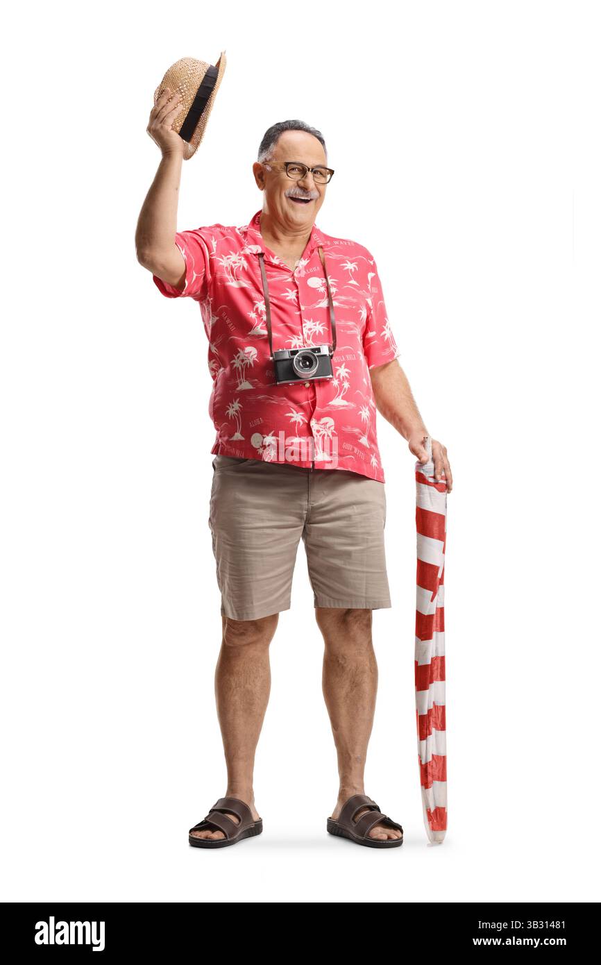 Tourist hält einen Sonnenschirm und Begrüßung mit Hut isoliert auf weißem Hintergrund Stockfoto