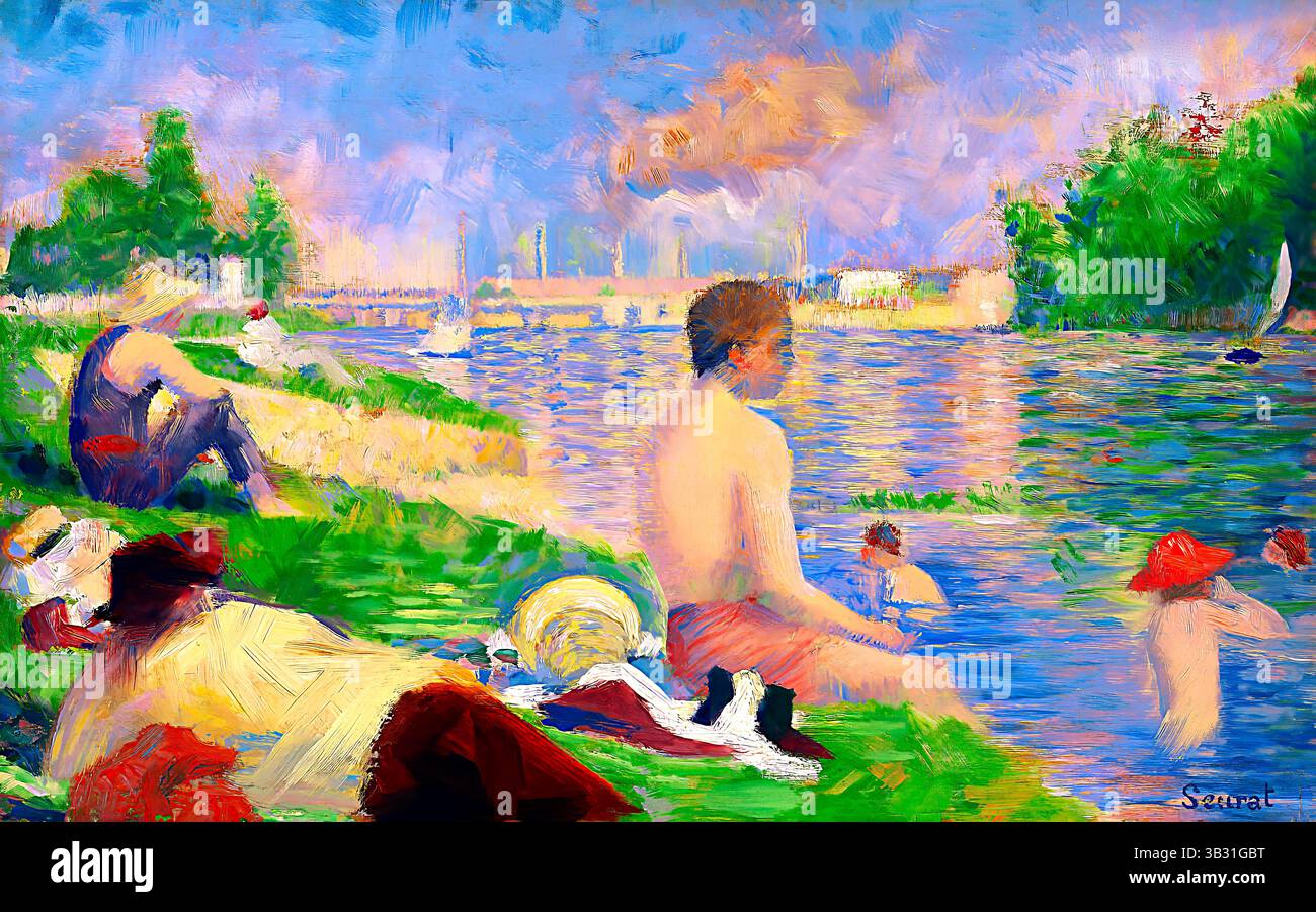 Seurats Vorbereitungsstudie 1883 für sein ikonisches Meisterwerk, das akademische Zeichenkunst mit dem frühen Neo-Impressionismus verbindet. 300 DPI Museumsrestaurierung. Stockfoto