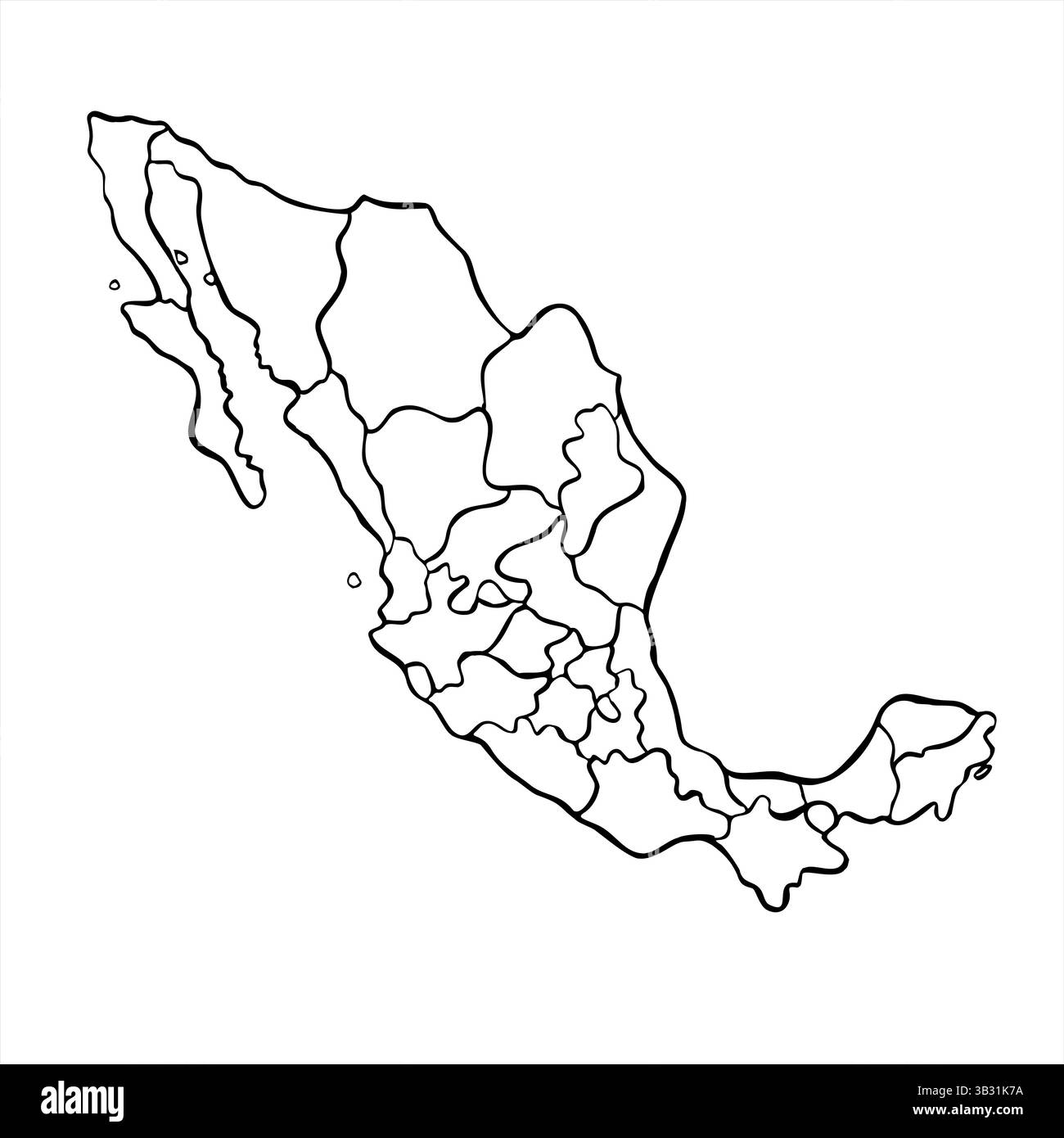 Silhouette Mexica Karte unterteilt in staaten Vektor monochrome Illustration gemalt von schwarzen Tinten im minimalistischen Stil. Für touristische Werbebroschüren, Stock Vektor