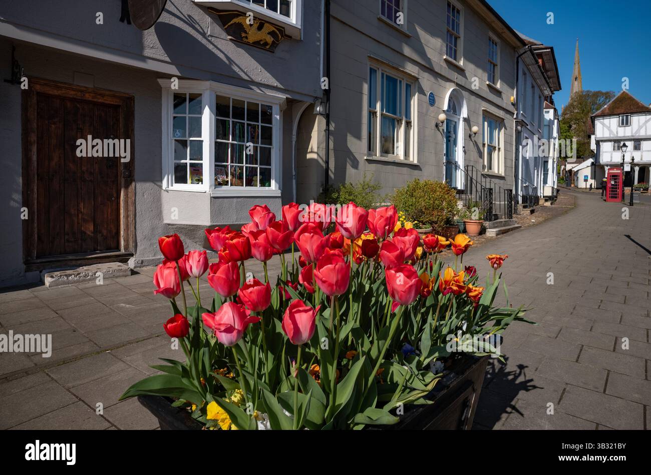 Thaxted Essex UK April 2025 Town Street mit Blick auf die Guildhall aus dem 14. Jahrhundert mit Frühlingstulpen Stockfoto