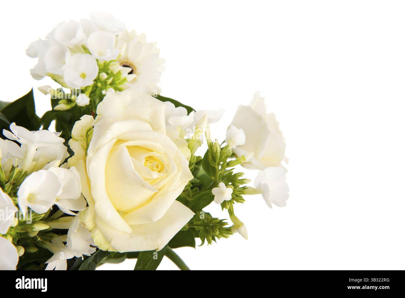 Gemischter Strauß weißer Blumen isoliert auf weißem Hintergrund Stockfoto