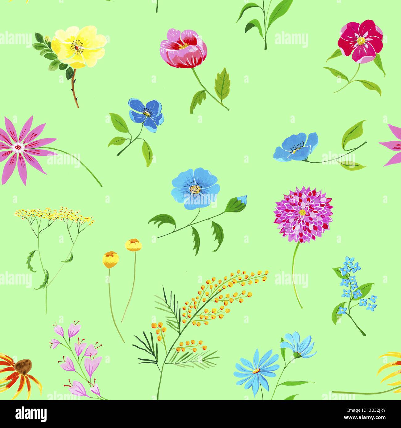 Handbemalte Blumen mit Gouache auf grünem Hintergrund Stockfoto