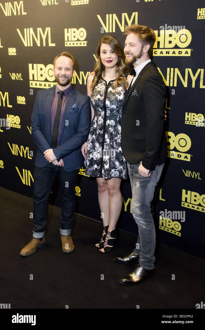 10. Februar 2016 - die kanadischen Fernsehmoderatoren TEDDY WILSON, MORGAN HOFFMAN und AJAY FRY nehmen an der HBO Canada 'VINYL' Premiere in der TIFF Bell Lightbox am 10. Februar 2016 in Toronto, Kanada Teil (Credit Image: © Angel Marchini via ZUMA Wire) Stockfoto