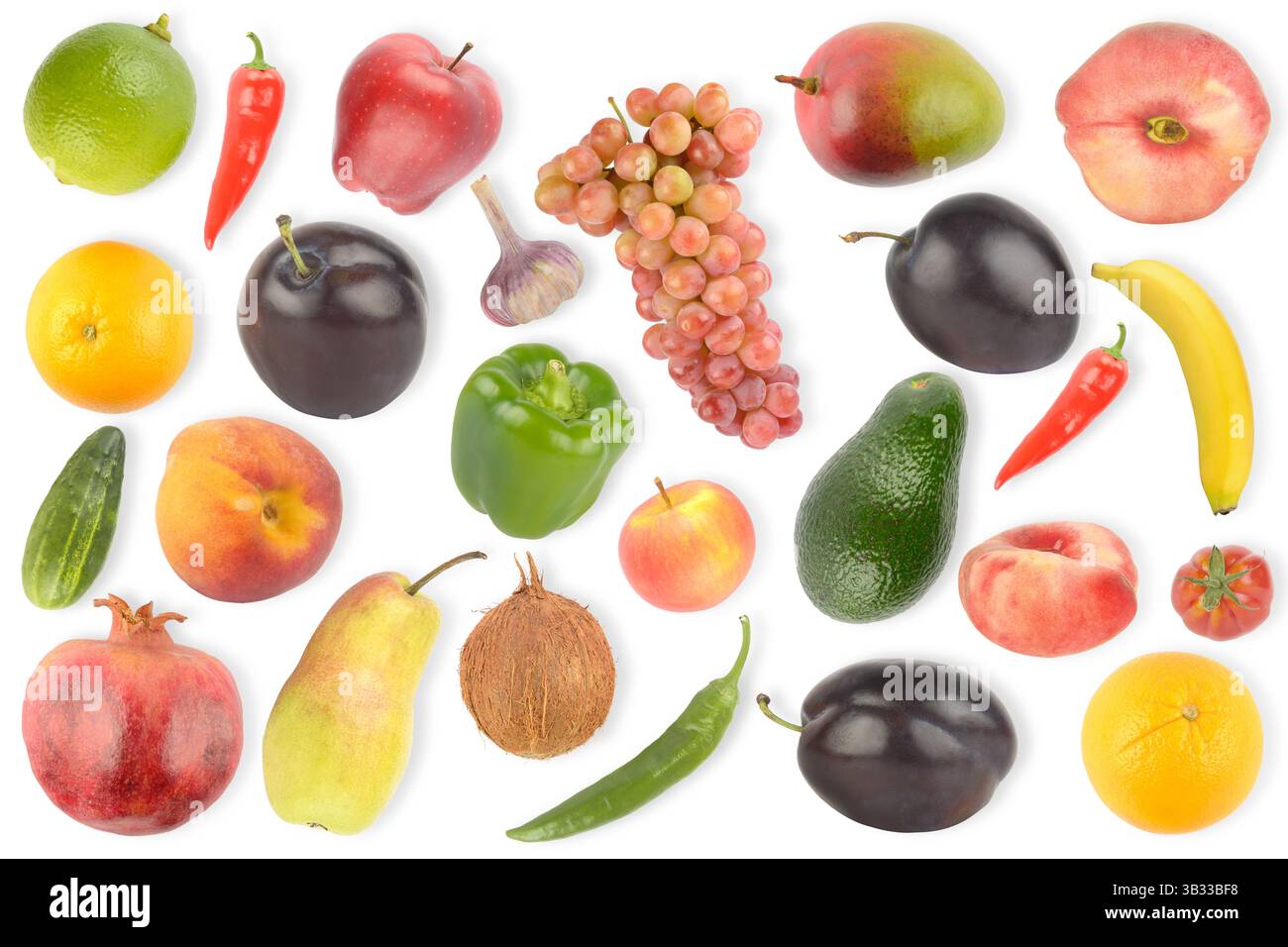 Stellen Sie helles appetitliches Obst und Gemüse mit hellem Schatten auf weißem Hintergrund. Stockfoto