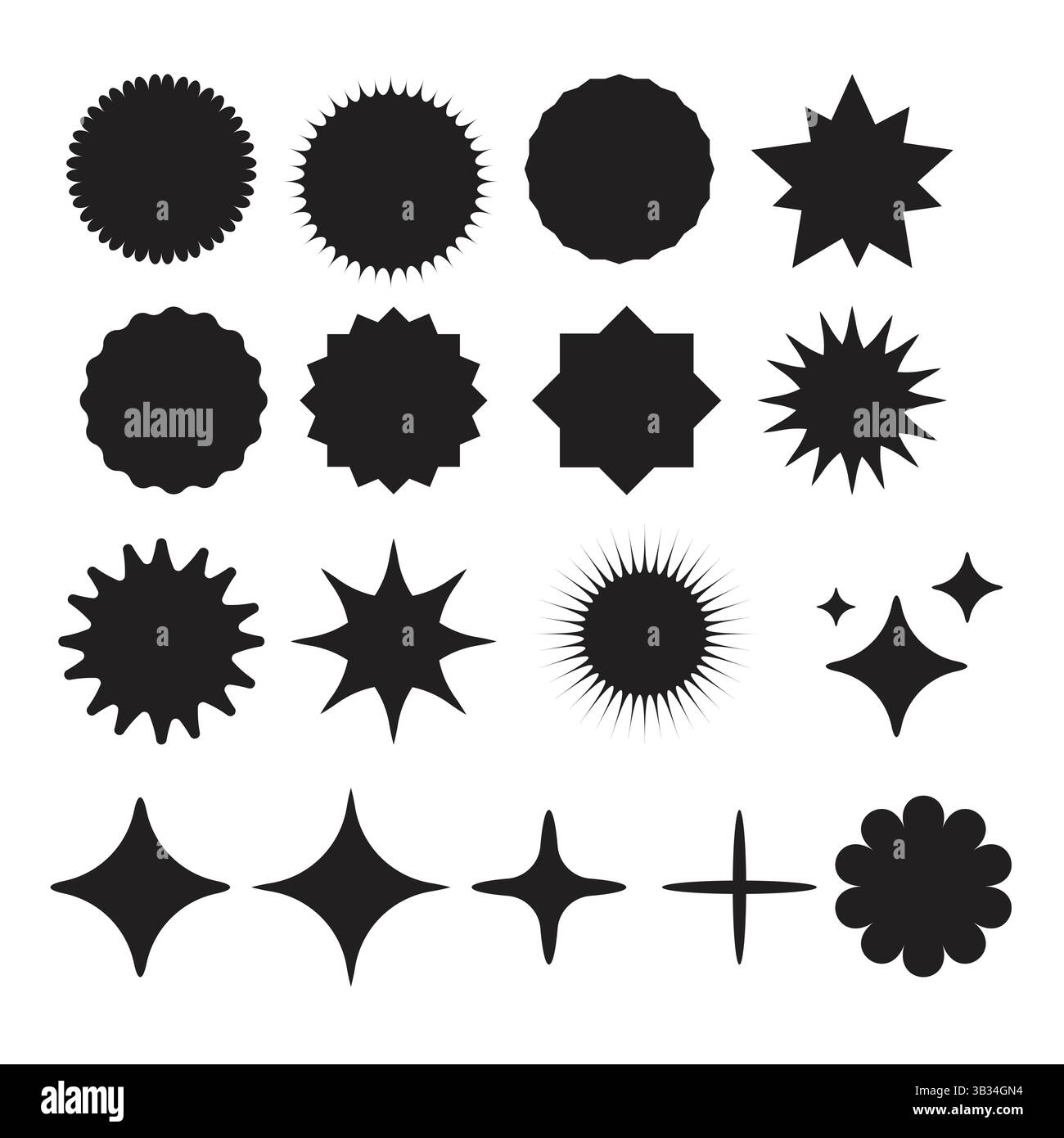 Set von Sonnensternen und Funkeln, Vektorsymbol. Stock Vektor