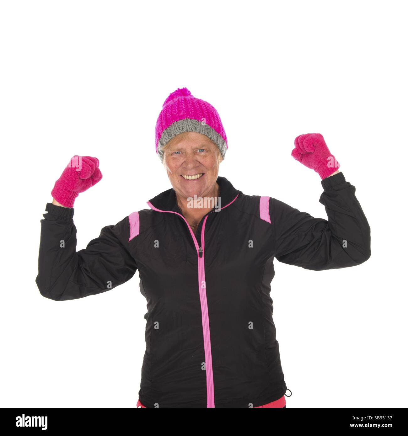 Old Fit sportlich gesunde Winter Frau isoliert auf weißem Hintergrund Stockfoto