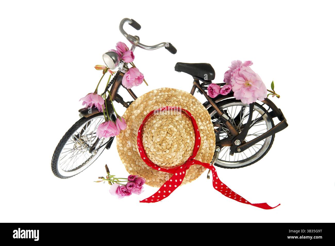 Altmodische weiblichen Sommer Bike mit Blumen und Hut Stockfoto