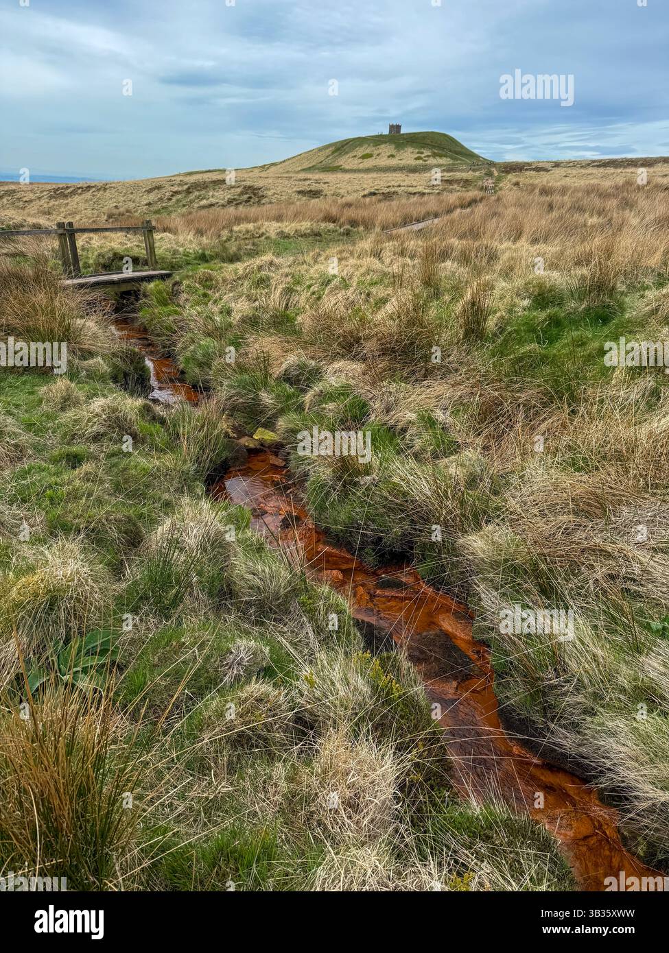Rivington Pike aus Mooren mit Bach und Holzbrücke im Vordergrund Stockfoto