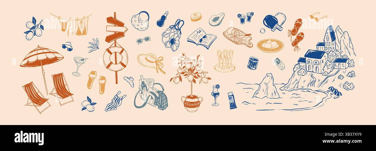 Handgezeichnete Doodle-Design-Elemente für den Sommer. Italien Strandurlaub Skizzenset. Retro-Küsten-Hintergrund. Italien, Frankreich, Griechenland mittelmeerraum Stock Vektor