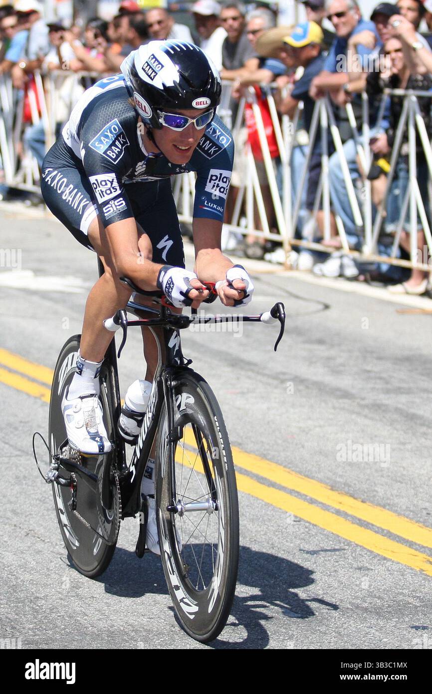 22. Mai 2010: Andy Schleck vom Team Saxo Bank fährt während der 7. Etappe der Amgen Tour durch Kalifornien durch Los Angeles. Andy belegte den 22. Platz mit einer Zeit von 00,44'16''. (Bild: © Brandon Parry via ZUMA Wire) Stockfoto