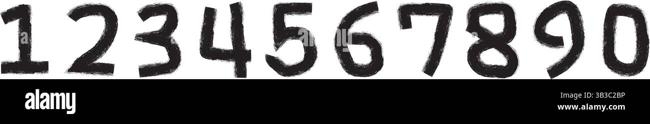 Stilvoller Handpinsel mit gemalten Zahlen. 1, 2, 3, 4, 5, 6, 7, 8, 9, 0. Kräftiger Pinsel gezeichneter Grunge. Verschmutzter Texturvektor. Raue Pinselstriche. Stock Vektor