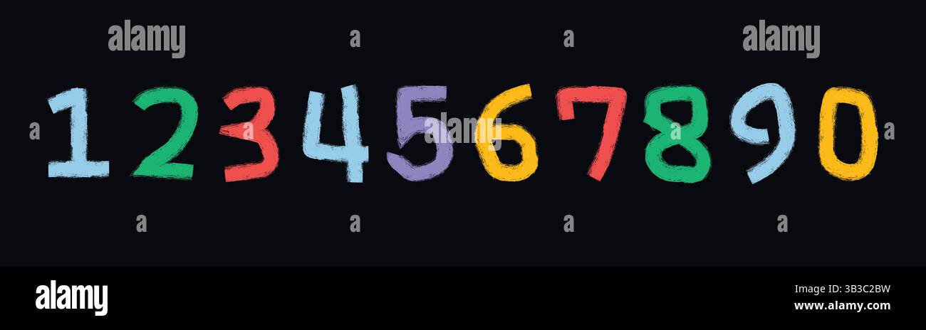 Stilvoller Handpinsel mit gemalten Zahlen. 1, 2, 3, 4, 5, 6, 7, 8, 9, 0. Kräftiger Pinsel gezeichneter Grunge. Verschmutzter Texturvektor. Raue Pinselstriche. Stock Vektor