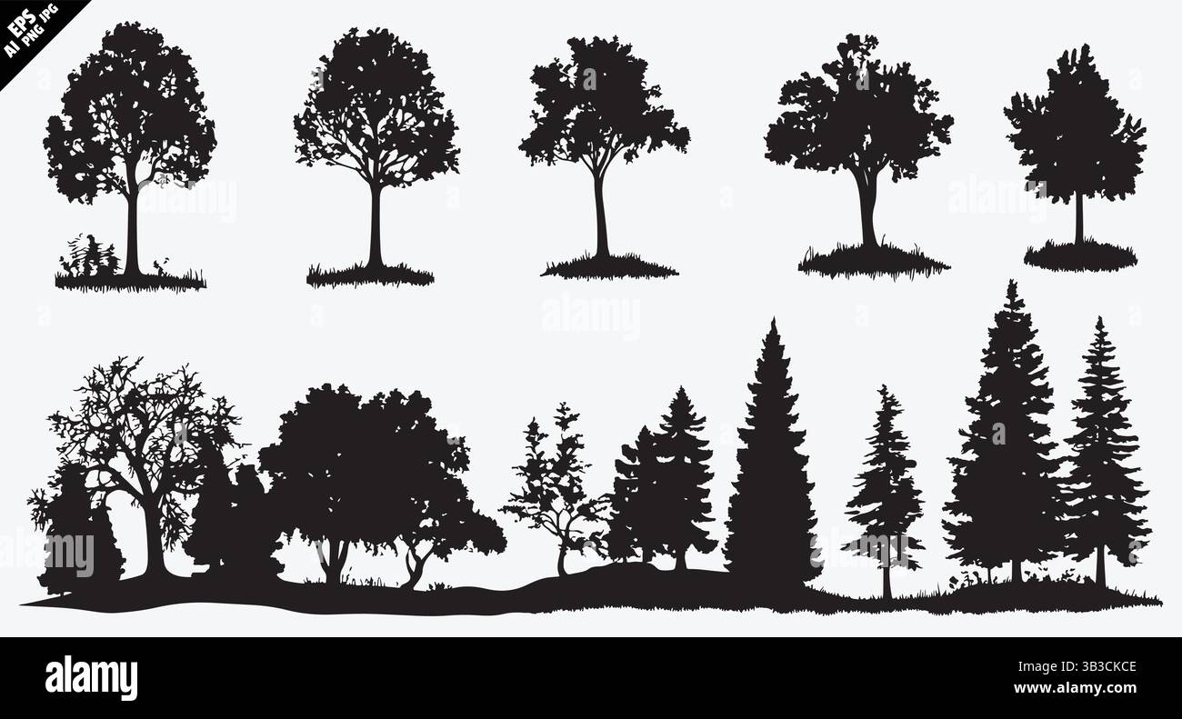 Schwarzer Baum und Buschsilhouette Vektor mit einfachen Formen auf weißem Hintergrund Stock Vektor