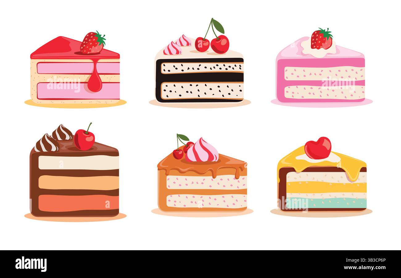 Geburtstagskuchen Slice Clipart Set. Kuchen Scheiben verschiedene Dessert Clip Art Cartoon mit Kirsch, Erdbeere und Schokolade Toppings Delicious Kollektion Stock Vektor