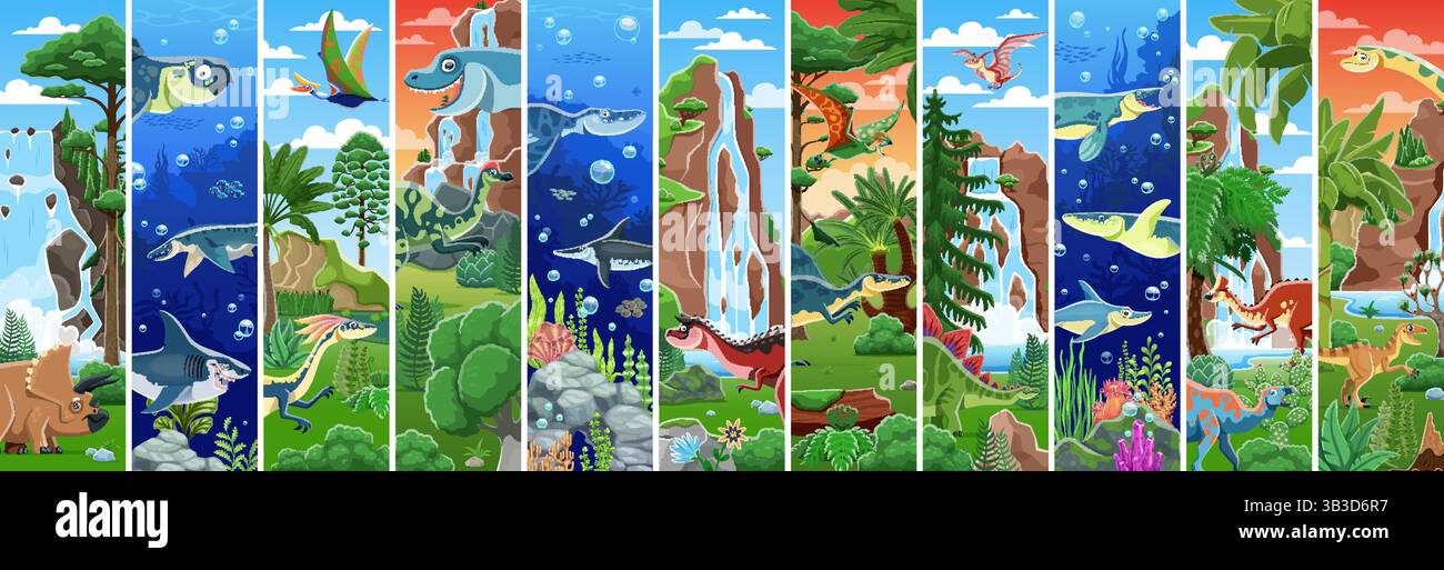 Cartoon-Dinosaurier und Wasserdinos Collage. Vektorprähistorische Tiere und Reptilien Persönlichkeiten von triceratops, Velociraptor und Megalodon. C Stock Vektor
