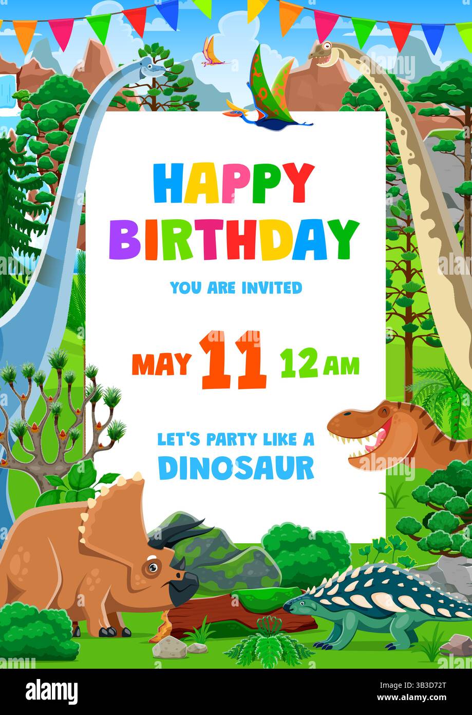 Happy Birthday Party Flyer mit lustigen Dinosauriern. Dino Party Vektor Poster mit Cartoon jurassic Dinosaurier Charaktere im Dschungel mit farbigen Fahnen bunt Stock Vektor