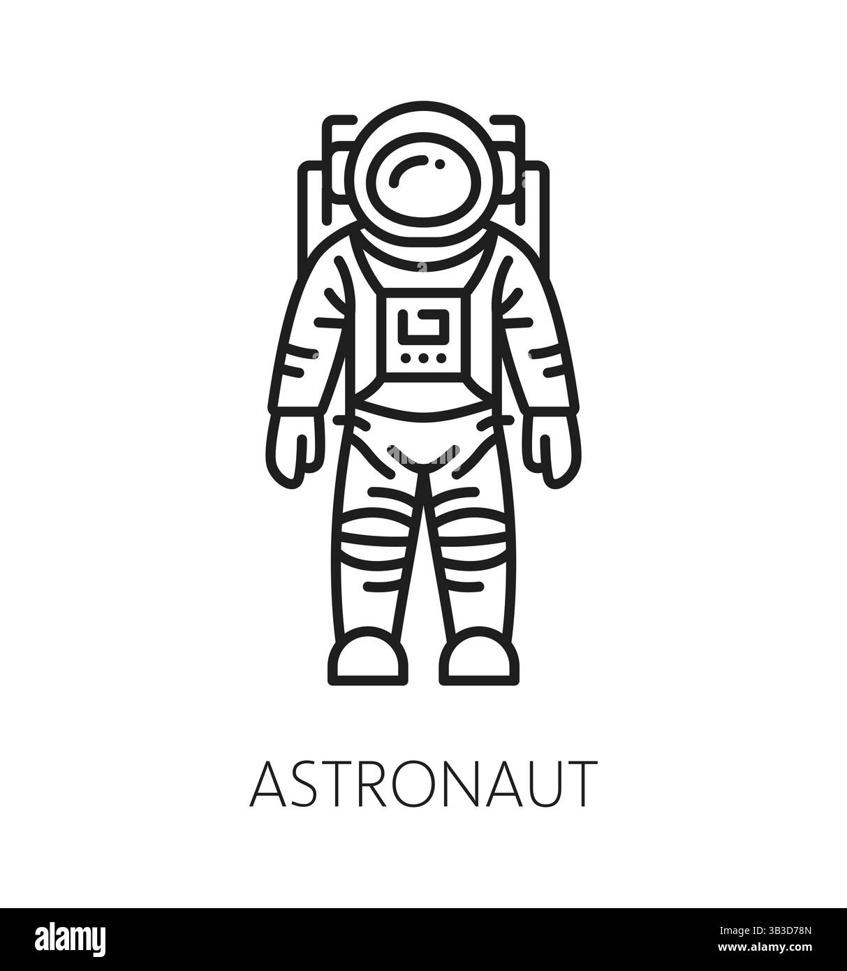 Weltraumastronaut Raumanzug und Galaxie dünne Linie Symbol. Raumfahrt Forschung oder Entdeckung lineares Vektorzeichen, Kosmos Flug lineares Piktogramm. Astronomie-Entdecker Stock Vektor