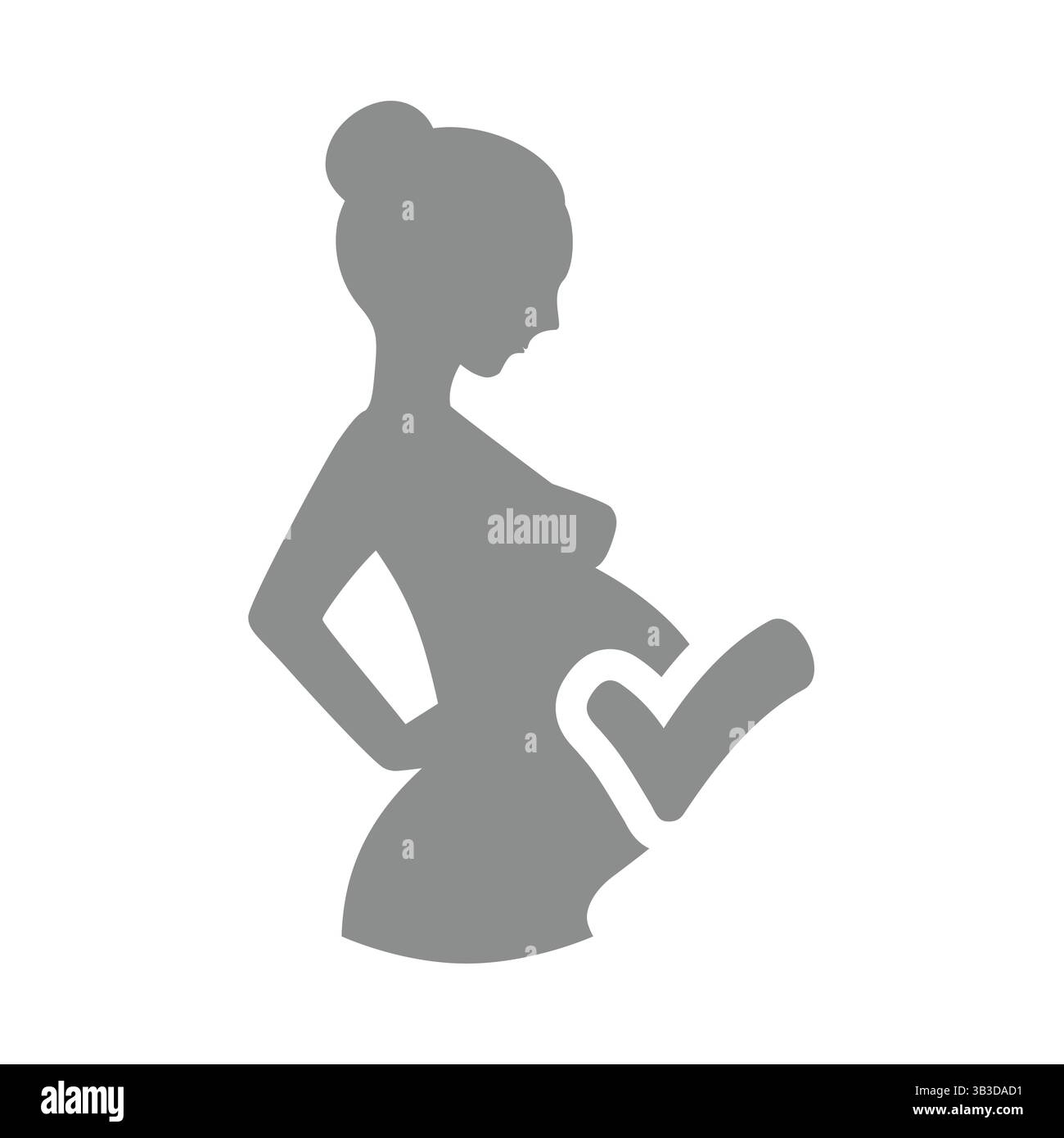 Silhouette der schwangeren Frau mit OK-Häkchen. Vektorsymbol oder Etikett für schwangerschaftssichere Produkte. Stock Vektor