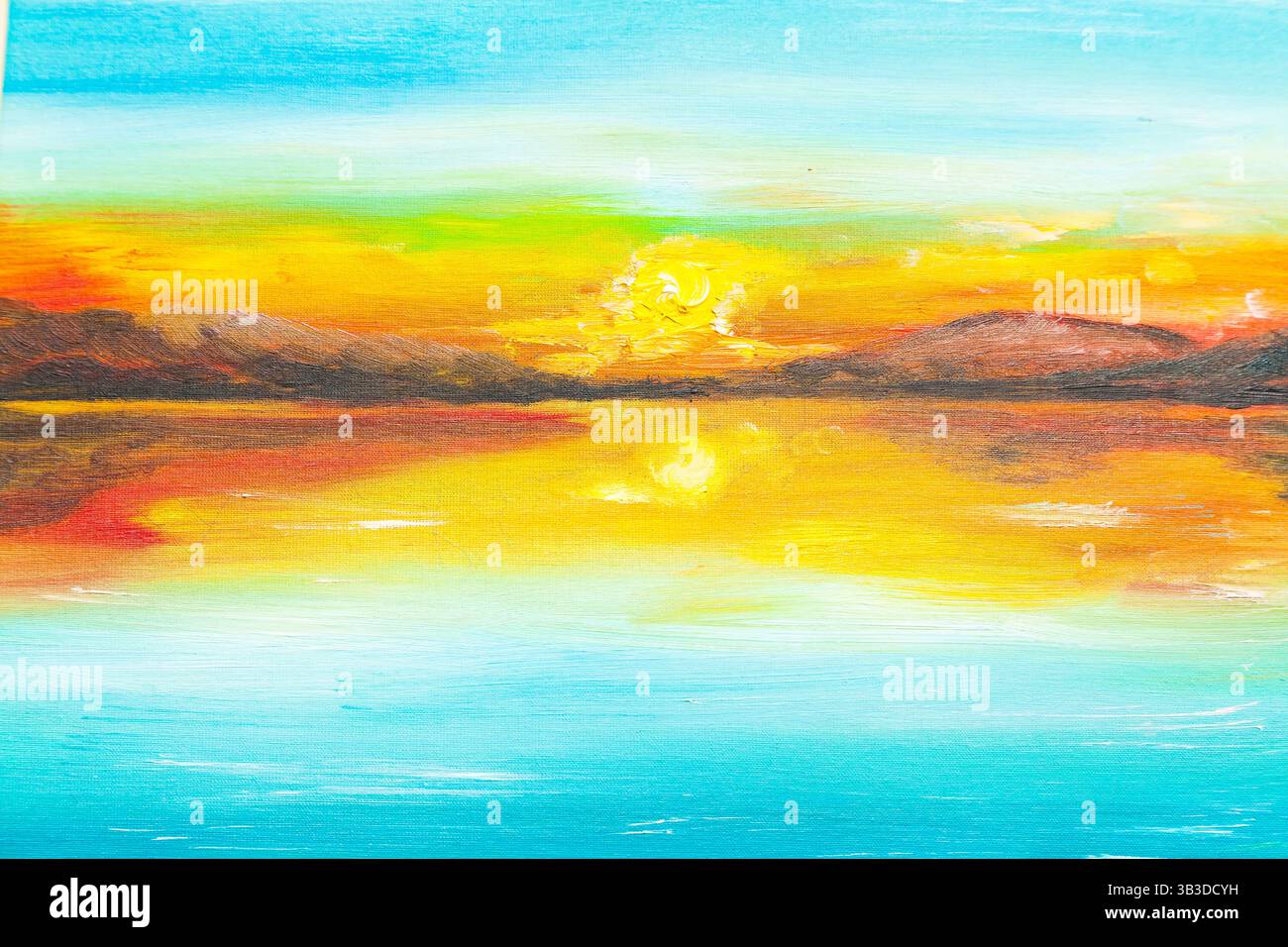 Ein gemaltes Bild von einem Sonnenuntergang in einer Meeresbucht vor der Küste der Berge. Malerei mit Ölfarben gemalt. Stockfoto