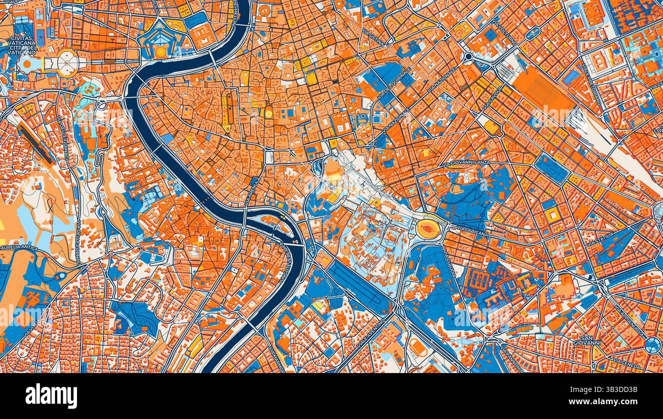 Farbenfrohe Rom-Kunstkarte mit Etiketten und Gebäuden mit vielen Details für städtische Straßen, Wege und Flecken. Stockfoto
