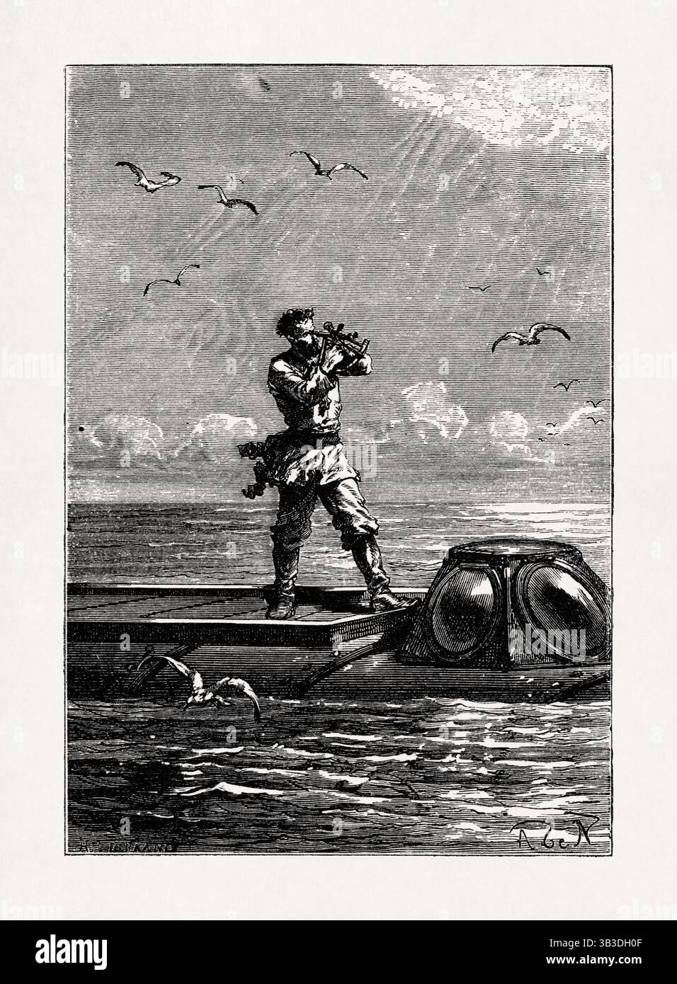 Illustration von Alphonse de Neuville, in der Kapitän Nemo die Höhe der Sonne aus dem Buch „Twenty Thousand Leagues Unthe Seas“ von Jules nimmt Stockfoto