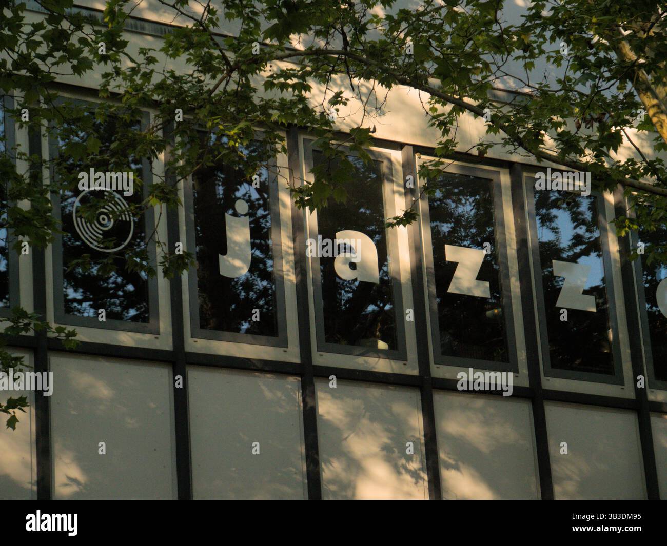 Werbung für Jazzbars über Leafs on Modern Glass Windows, Karlsruhe Stockfoto