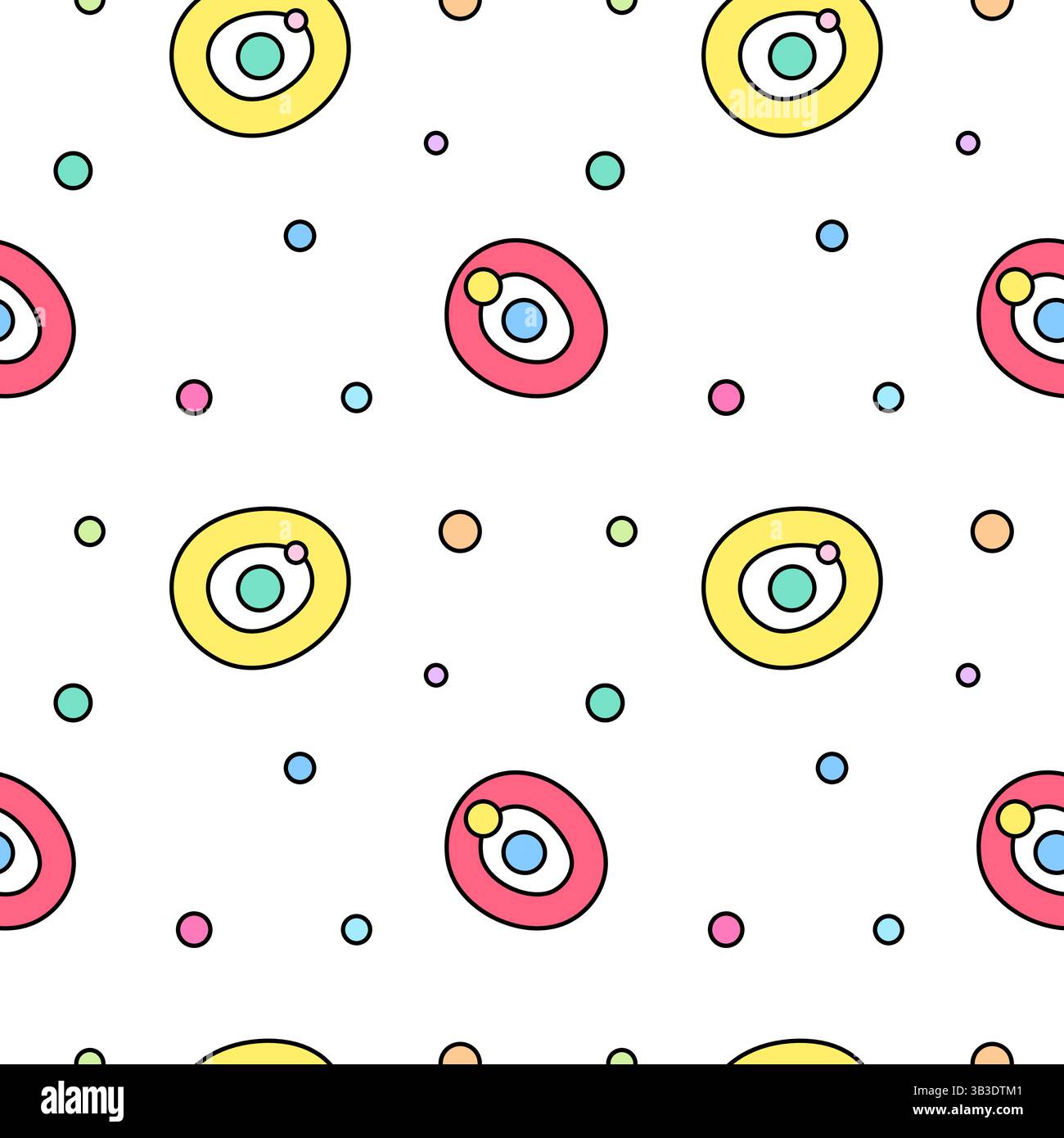 Verspieltes abstraktes, geometrisches Doodle-Muster mit bunten Kreisen, Ringen und Konfetti-Punkten auf weißem Hintergrund. Perfekt für das Kinderzimmer, Ki Stock Vektor