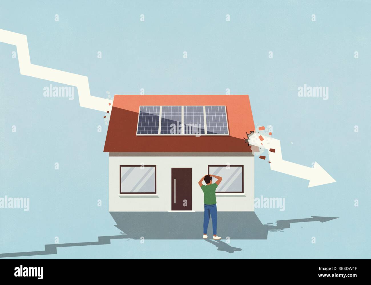 Ein überraschter Mann sieht, wie der Pfeil mit Sonnenkollektor durch das Haus stürzt Stockfoto