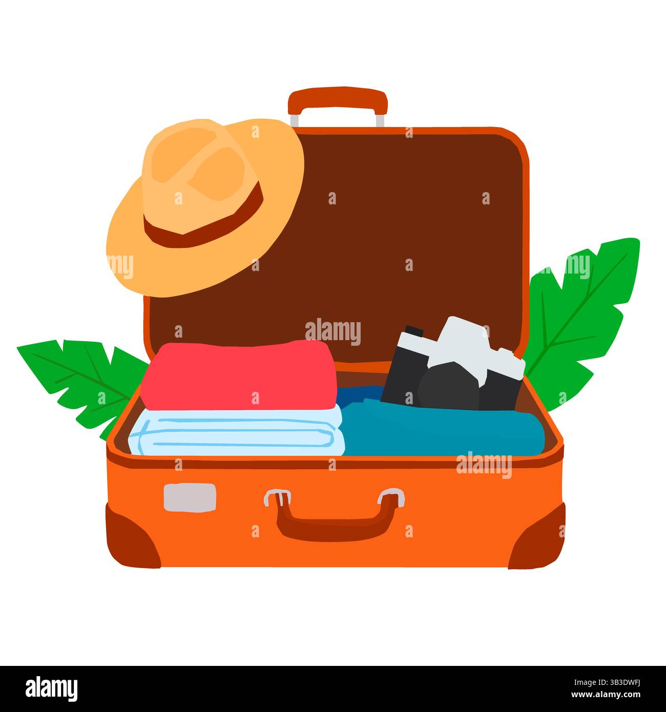 Vektor-Urlaubskonzept, Koffer bereit für Reisen mit Kleidung, Hut und Kamera. Stock Vektor