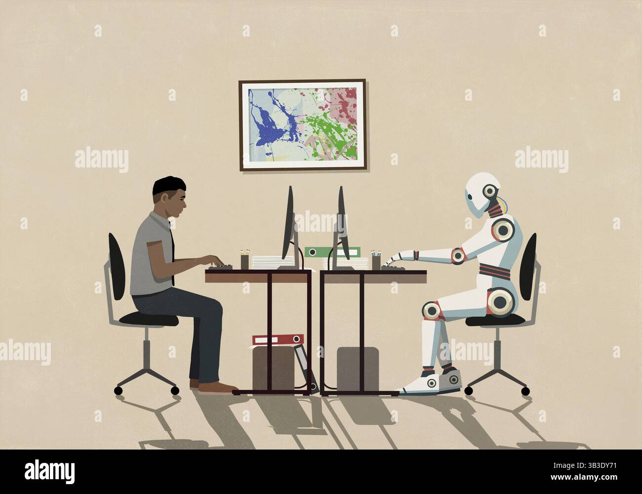 Mensch und humanoider Roboter arbeiten von Angesicht zu Angesicht an Computern Stockfoto