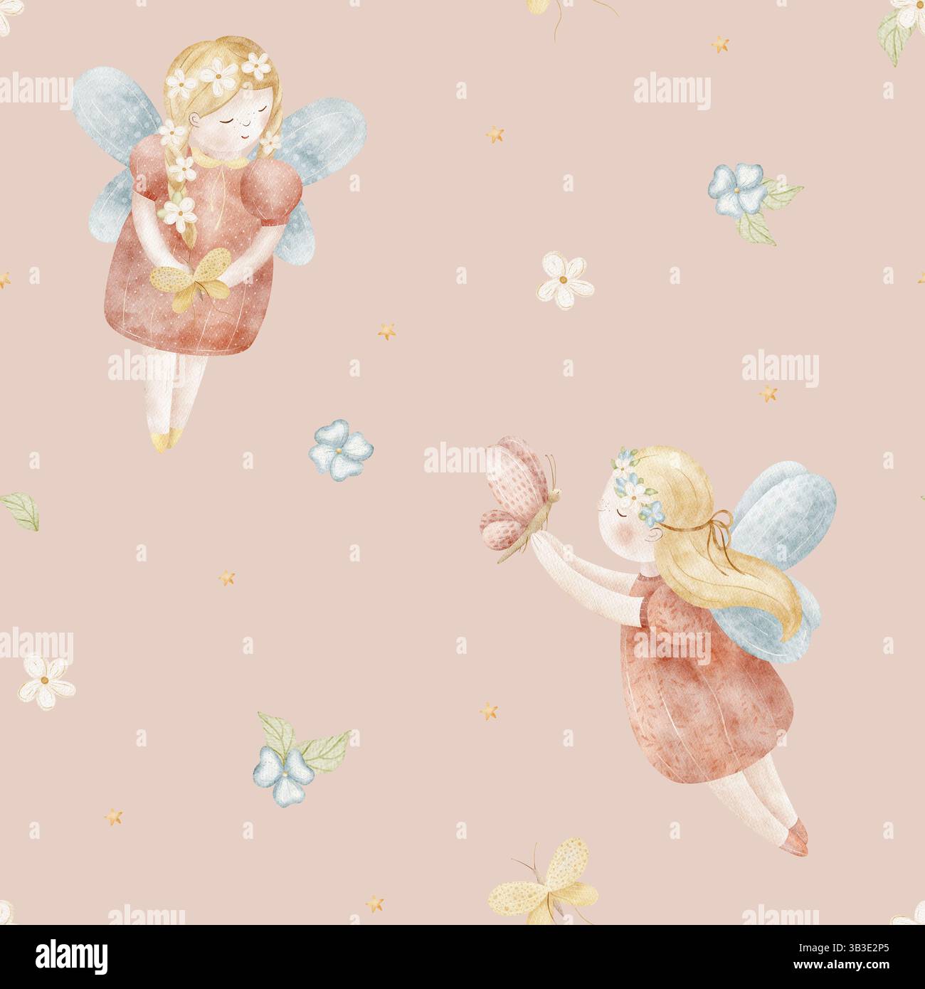 Aquarellmuster von Feenmädchen, Schmetterlinge fliegen in Blumen. Illustration handgezeichnet im Cartoon-Stil. Nahtlos bedruckte Kinder auf rosa Hintergrund für Stockfoto