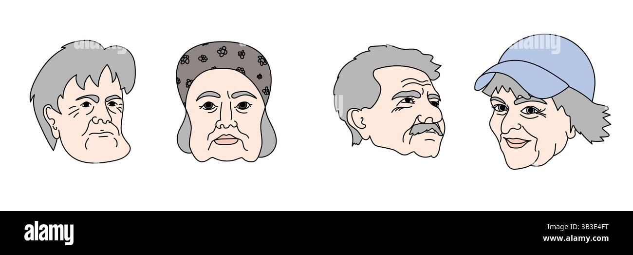 Vier Gesichter verschiedener älterer Menschen mit grauem Haar und Falten, Männer und Frauen, mit Hüten und Kopftüchern, weißem Hintergrund. Stock Vektor