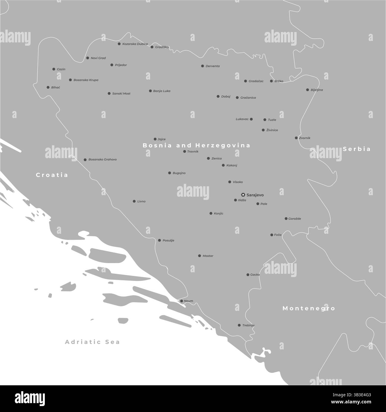 Vektor-moderne Illustration mit Autoren-Vision. Vereinfachte Karte in grauer Farbe von Bosnien und Herzegowina. Grenze zu den nächsten staaten Serbien, Kroatien und Stock Vektor