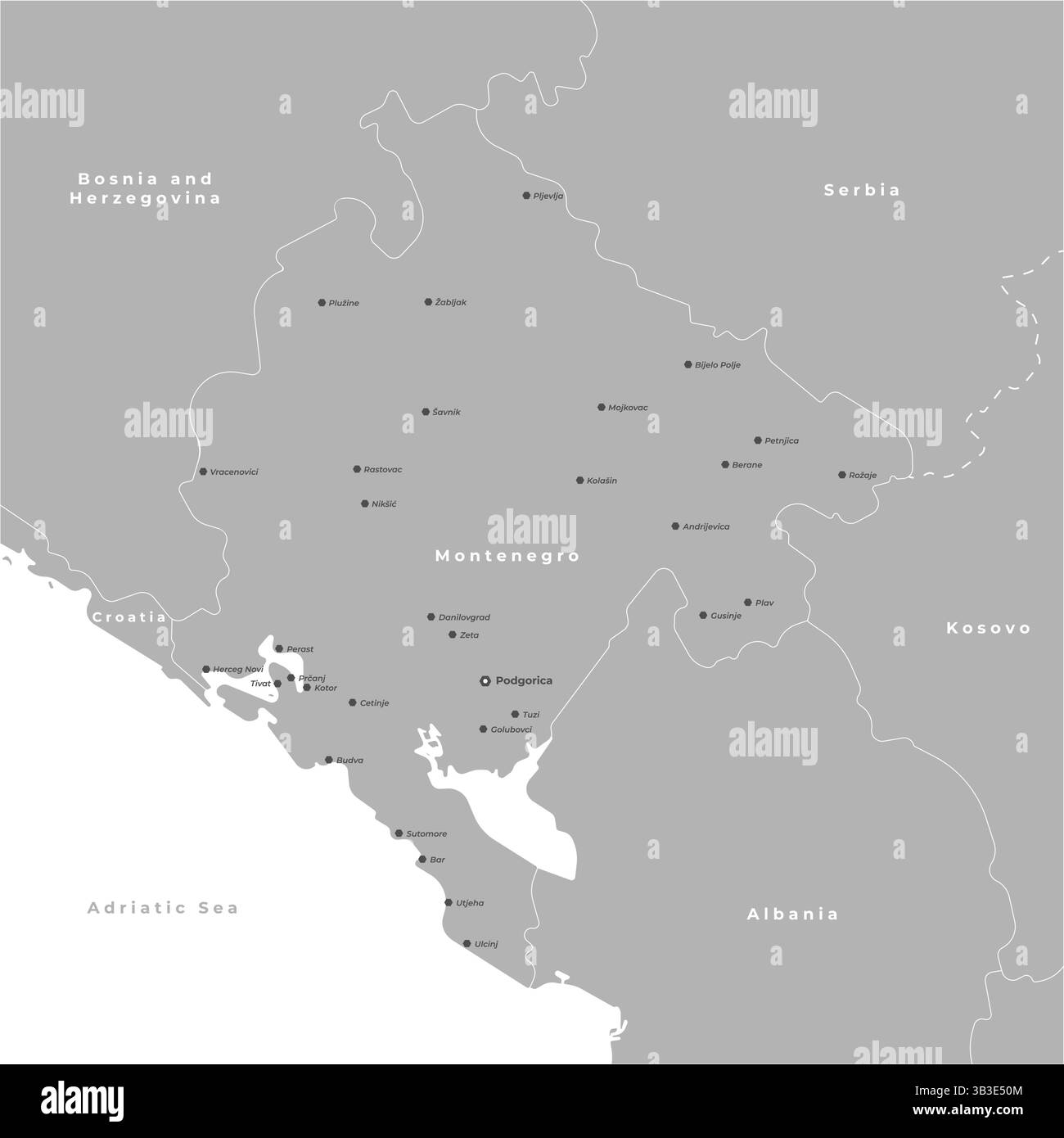 Moderne Vektor-Illustration. Vereinfachte Karte von Montenegro. Grenze zu den nächstgelegenen staaten Serbien, Kroatien usw. Grau. Text mit Namen von Städten in Stock Vektor
